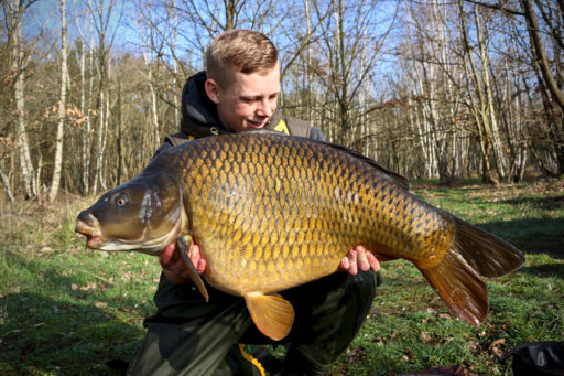 Kevin Bautz mit großen Schuppenkarpfen aus Sachsen-Anhalt, gefangen auf Fresh 'n Squid Boilies von Naturebaits im Frühling