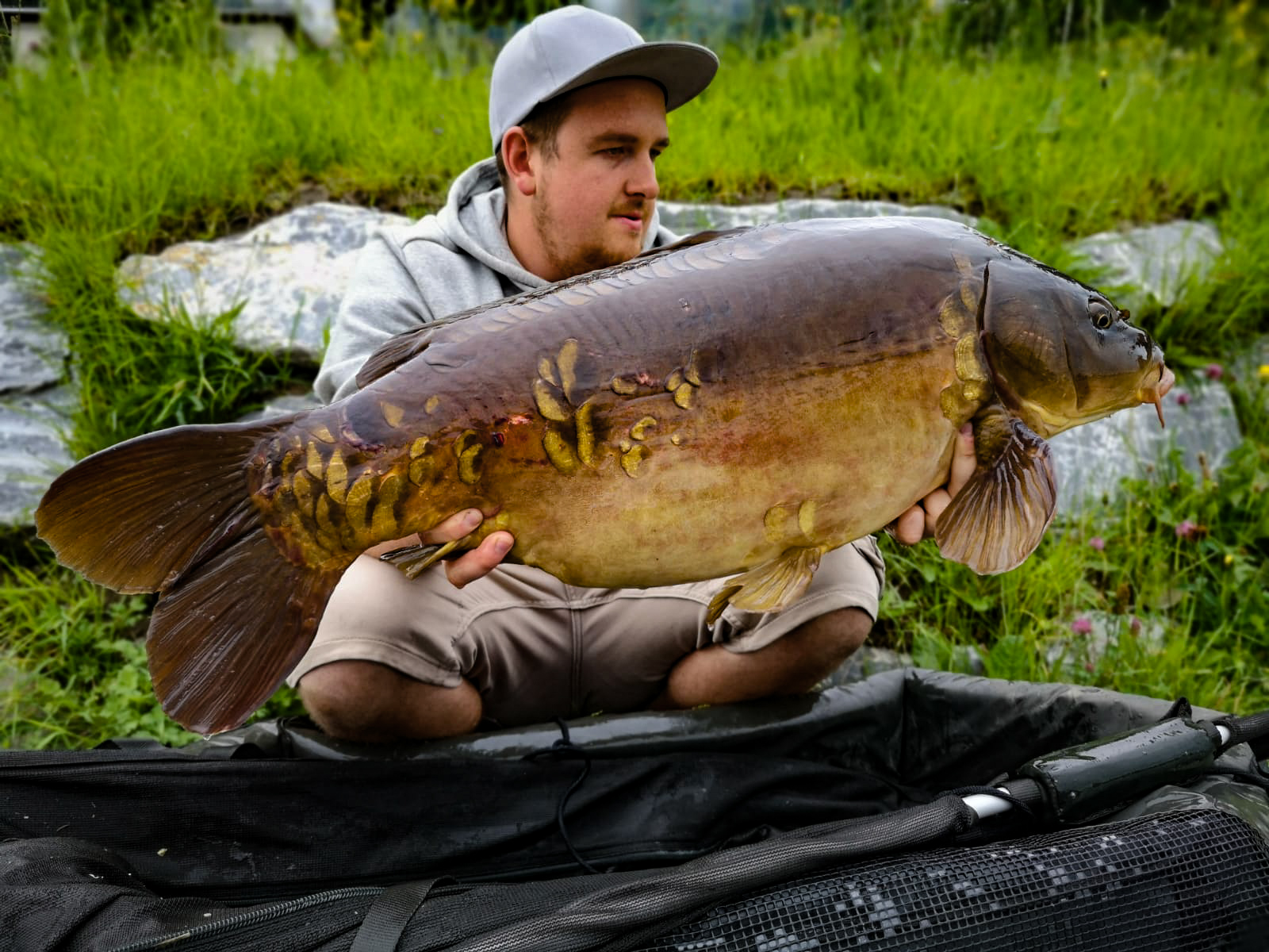 Alexander Schmidhofer fängt mit Dickenmittel Boilies griße Karpfen am Bergsee in Österreich